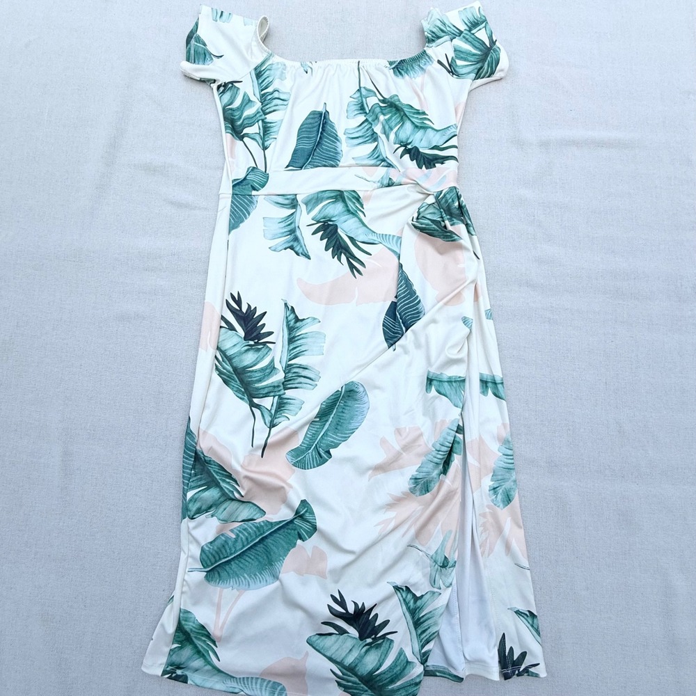 Tropical Palm Leaf Ruched Midi Dress White Green Pink Plus Size 2XL Side Slit